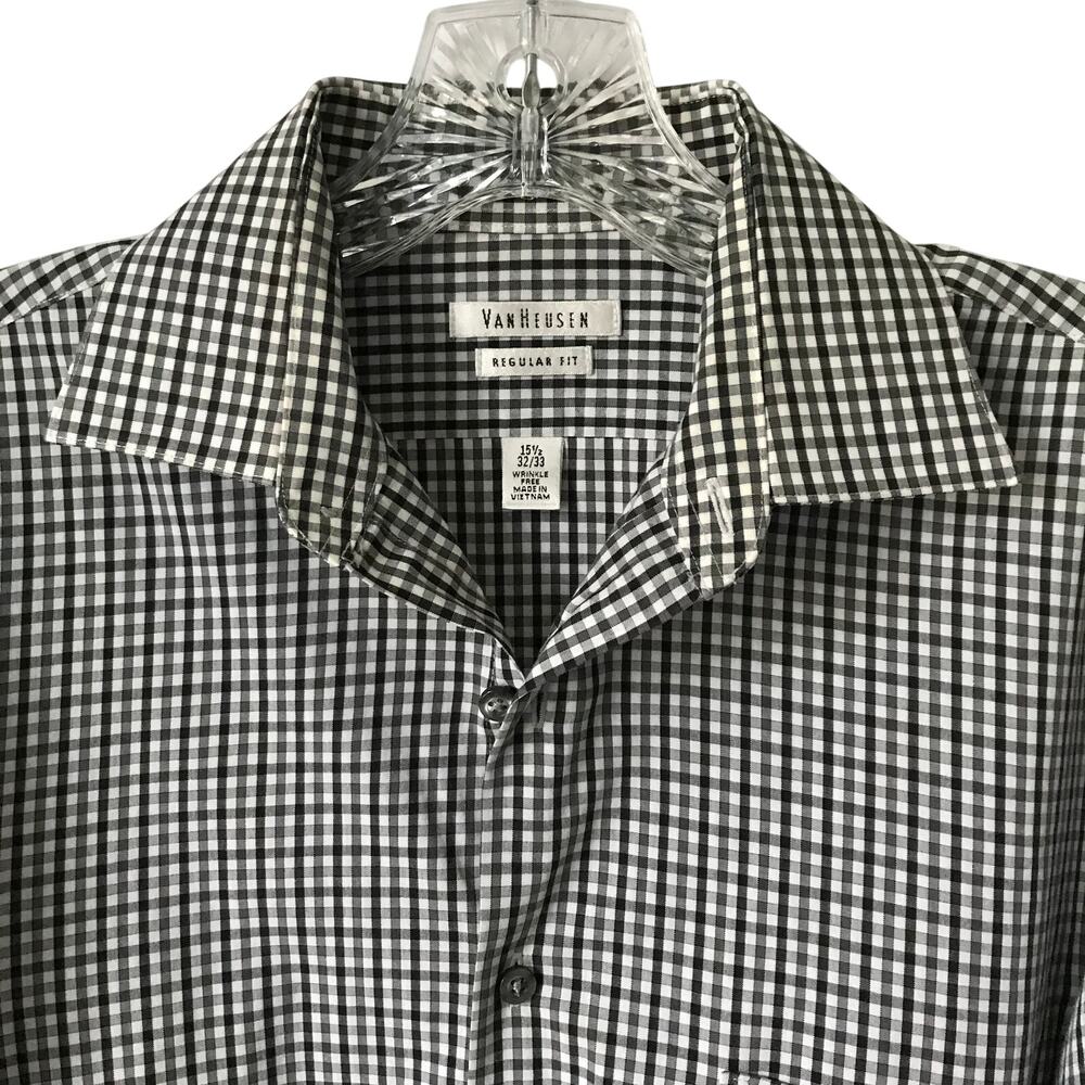 Van Heusen Shirt Size 15.5 Mens Long Sleeve Button Up Plaid Dress Business Med